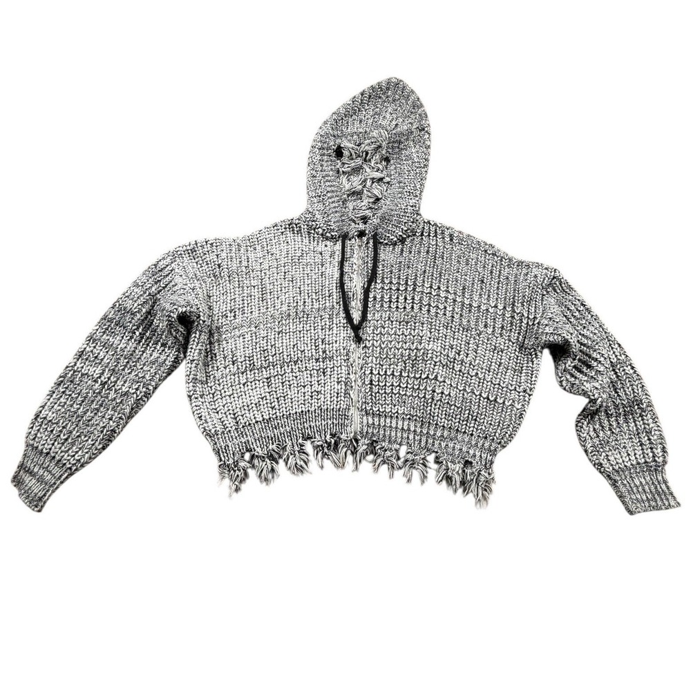 Day & Night Black and White Chunky Knit Cropped Hoodie Distressed Hem Womens L